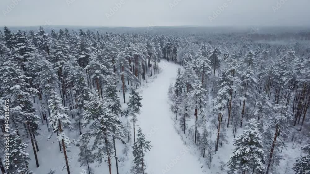 Poster snow-covered pine forest viewed from top with winding narrow path cutting through..