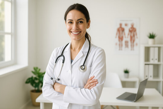 Portrait professionnel d'une femme m&eacute;decin souriante en blouse blanche, bras crois&eacute;s, dans un cabinet lumineux et moderne avec st&eacute;thoscope au cou