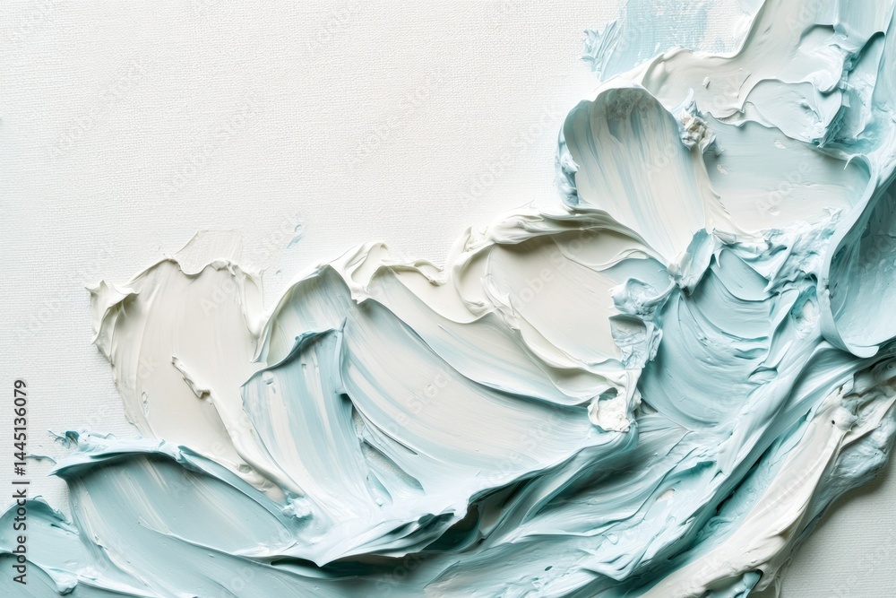 Poster abstract painting with pale blue and white paint in impasto style, creating a dynamic wave-like text