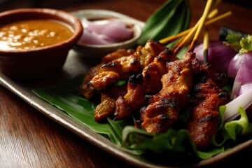 Fototapeta premium Chicken Satay with Peanut Sauce and Red Onion