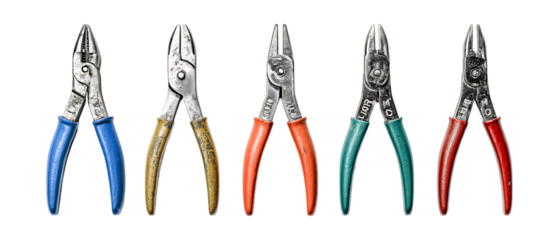Set of Pliers in Five Different Poses Against Transparent Background for Tool Branding, Workshop Illustrations, or DIY Equipment Projects