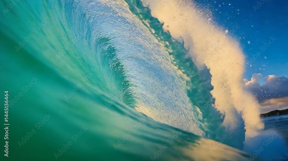 Aufkleber ocean wave curling into perfect barrel shape at golden hour..