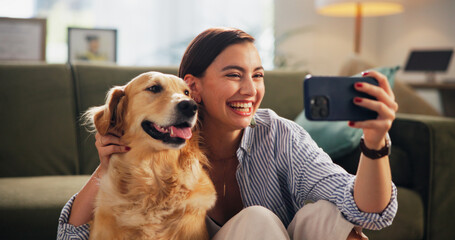 Selfie, happy and woman with dog in home for relaxing, social media and playing together. Best friend, pet animal and happy owner with Golden Retriever smile for profile picture, memory and photo