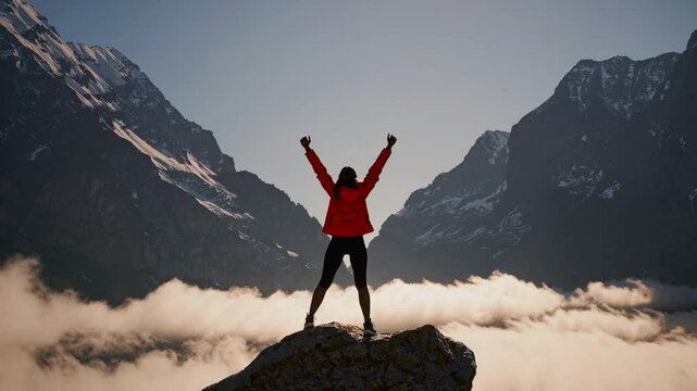Adventurous person celebrating victory on mountain peak against clouds, victory and freedom concept