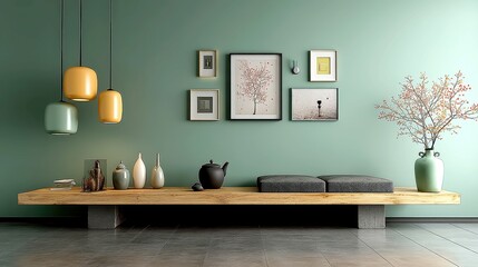 Minimalist Gallery Above Console, A serene display of art pieces against dusty blue walls, warm lighting enhances depth, creating an inviting and tranquil atmosphere.
