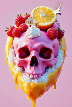 Cr&acirc;ne glac&eacute; 4 : composition surr&eacute;aliste d'un dessert glac&eacute; et son cr&acirc;ne rose fluo, isol&eacute; sur fond rose, illustration Food art surr&eacute;aliste ou pop art color&eacute; noix de coco chantilly