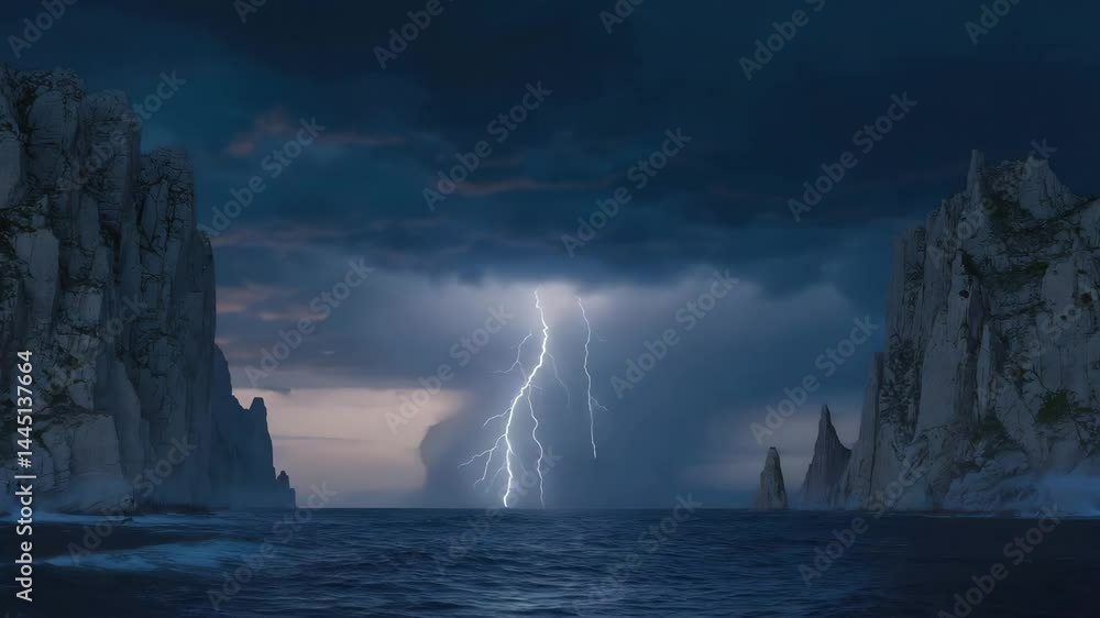 Poster dramatic cliff edge dropping into deep blue ocean under stormy sky..