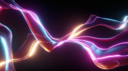 Naklejka premium Abstract glowing waves of vibrant pink, orange, and blue light dance across a dark background, creating a dynamic and energetic visual.