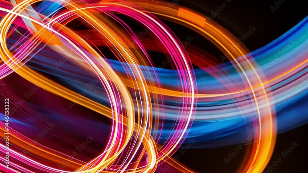 Poster colorful light trails create vibrant abstract patterns, showcasing dynamic motion and energy in shad