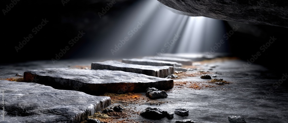 Poster stone path illuminated by rays of sunlight in a dark cave, creating a mysterious and serene atmosphe