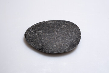 A dark gray, oval-shaped fossilized trilobite resting on a plain white surface, showcasing detailed segmentation and a textured, weathered appearance, possibly used for scientific study
