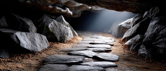 A stone pathway leads through a dark cave with sunlight streaming in from an opening above.