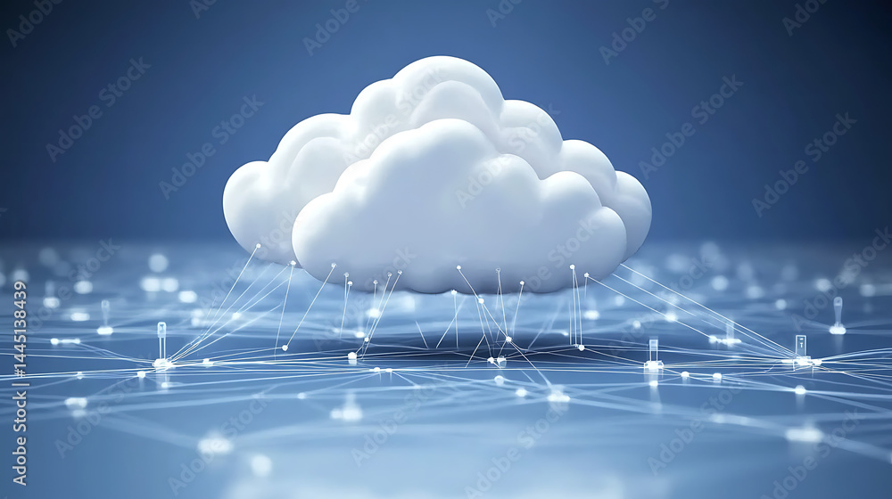 Poster cloud computing network with data connections, technology background, digital infrastructure, and cl