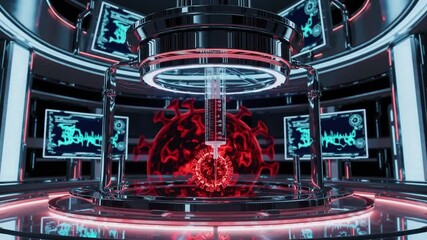 Futuristic virus lab with digital screens and red virus display - Powered by Adobe