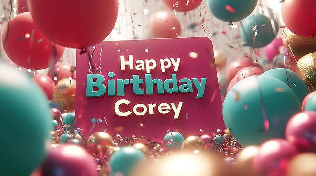 A birthday message surrounded by colorful balloons and confetti