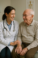 M&eacute;decin bienveillant discutant avec une personne &acirc;g&eacute;e dans un cabinet m&eacute;dical lumineux, ambiance chaleureuse et professionnelle