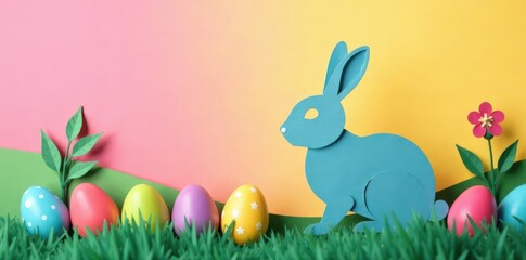 Paper cut rabbit with colorful eggs in background , Easter, flowers, spring