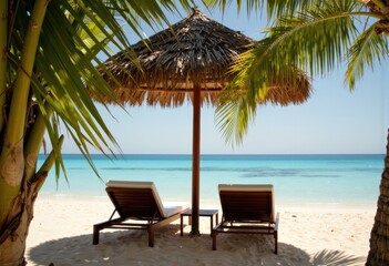 Relaxing beach scene with lounge chairs under a straw umbrella