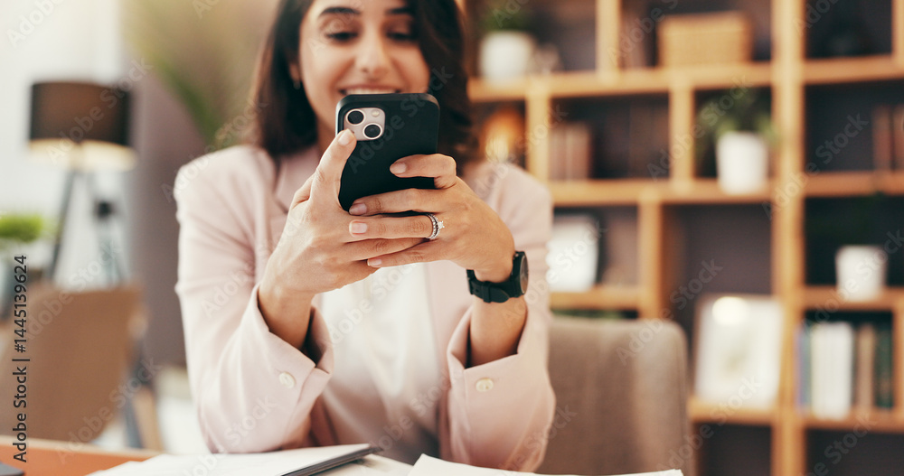 Poster phone, remote work and scroll with woman in home office for account manager, financial advisor and c