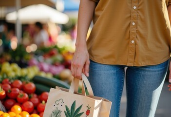 Woman holding a reusable shopping bag at a vibrant farmers market