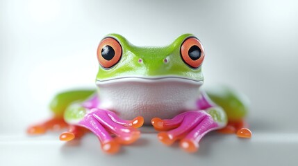 Obraz premium Red-eyed Tree Frog Vibrant Pink Toes, Smooth 3D Style, High-detail Close-up View, Shiny Texture, Peaceful Pose, White Background, Bright Tropical Mood, Perfect for Childrens Books