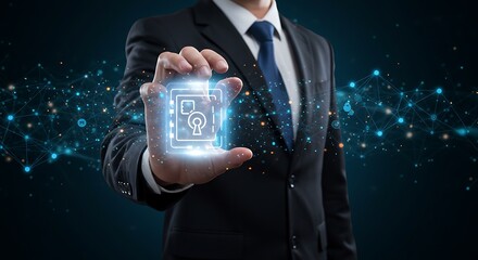 businessman showing virtual screen with security key cyber visual futuristic promotion