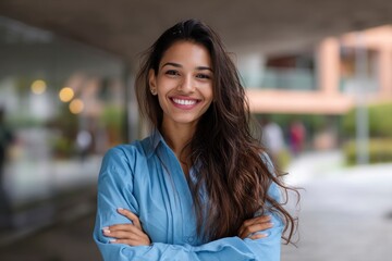 Fototapeta premium Smiling Woman in Blue Shirt with Arms Crossed