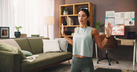 Woman, exercise and health for yoga in home, breathing and wellness with holistic activity in...