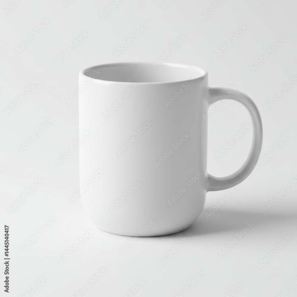 Poster a simple white ceramic mug with a handle sitting on a white surface in a studio setting today