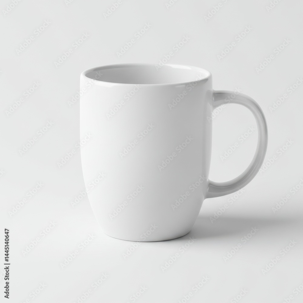 Poster a simple white ceramic mug stands alone on a plain white background in a studio setting with soft sh
