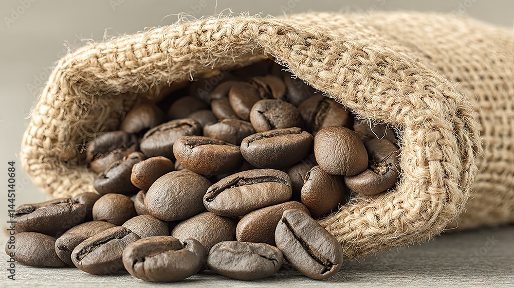 Poster close-up of roasted coffee beans spilling from a burlap sack on a surface