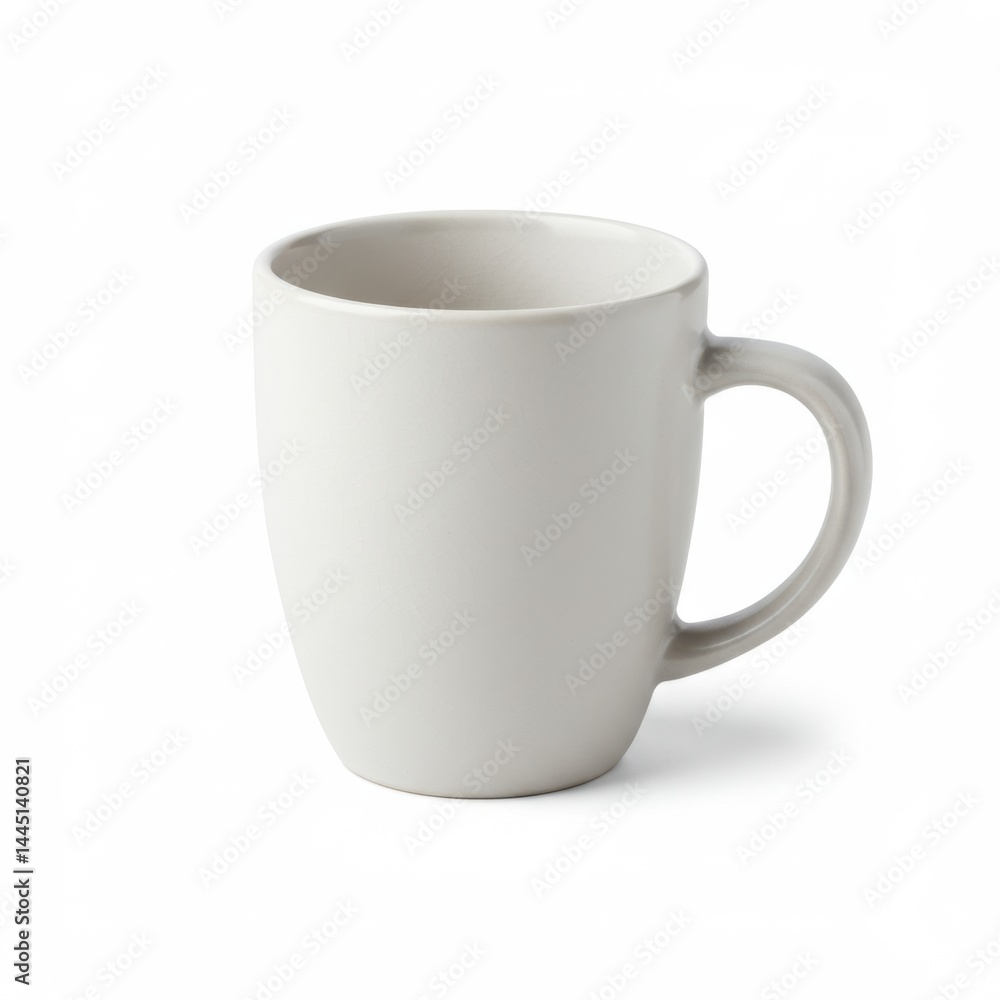 Poster a simple white ceramic mug with a curved handle sitting on a white surface in a studio setting