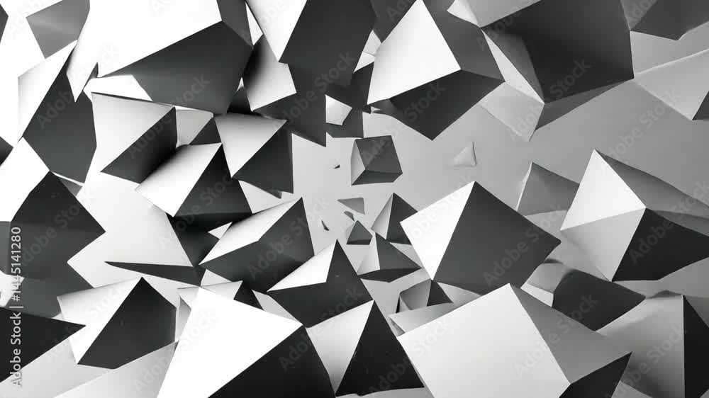 Poster abstract geometric shapes dynamic composition of floating pyramids in black and white, showcasing mo