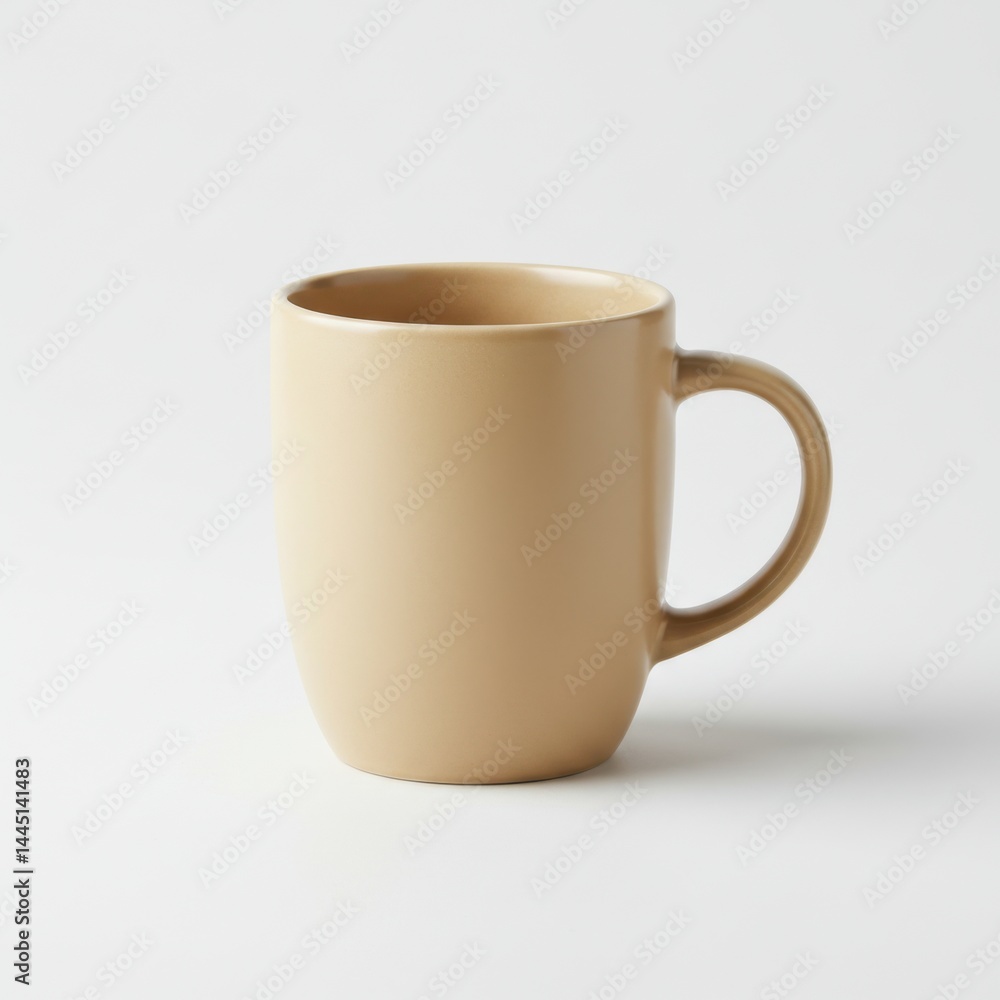 Aufkleber a single beige ceramic mug with a handle sitting on a plain white background in a studio setting