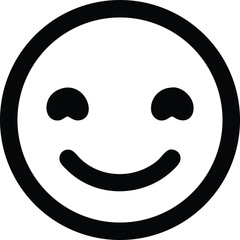 A simple, black and white smiley face icon featuring a round outline, two small curved eyes, and a wide, smiling mouth. The design is minimalistic and conveys a cheerful expression.