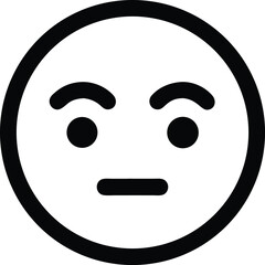 Fototapeta premium A black and white emoji depicting a face with raised eyebrows and a flat mouth, exuding a skeptical or disapproving expression. The round face has two circular eyes, suggesting curiosity questioning.