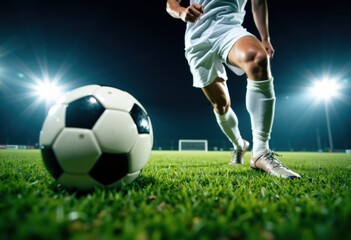 Obraz premium A soccer player in action, preparing to kick a ball on a well-lit field