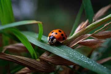 Ladybug on Green Grass Blade Close Up