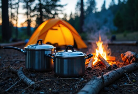 Camping scene with pots by a campfire and a tent in the background