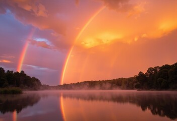 A stunning sunset over a tranquil lake with vibrant rainbows