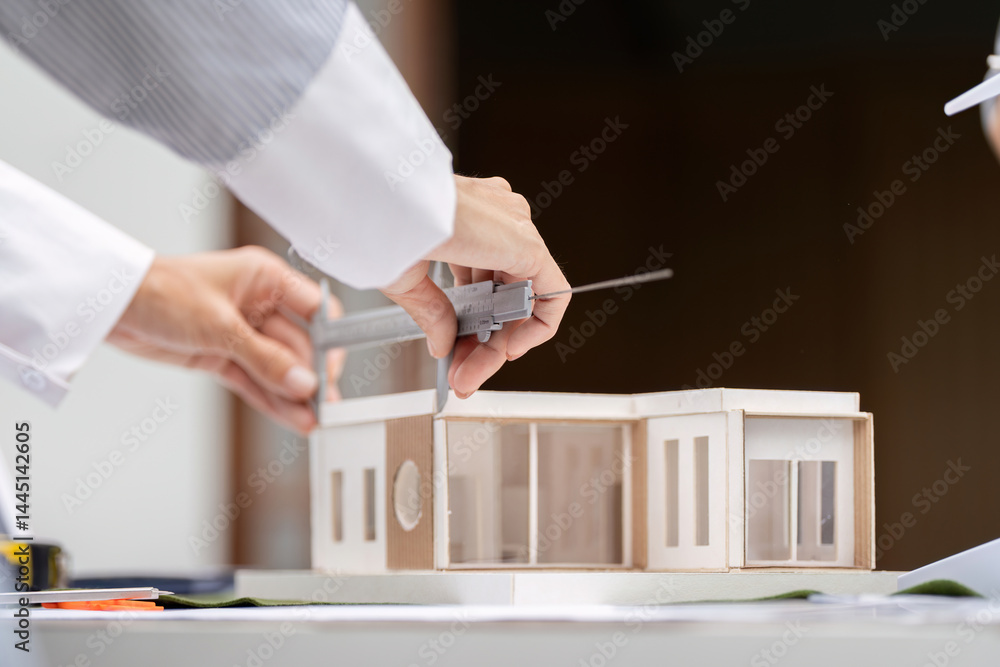 Poster sustainability and measurement techniques. detailed view of hands using calipers on a sustainable bu