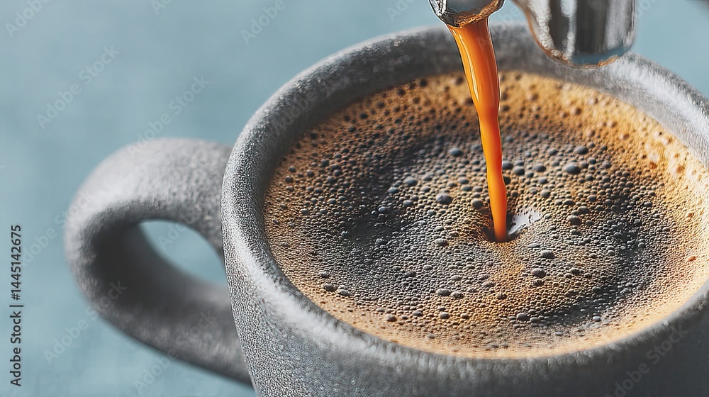 Poster close-up shot of fresh espresso pouring into a ceramic mug creating foam