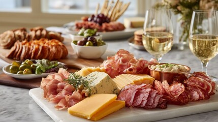 Delightful assortment of cured meats and cheeses arranged artfully on a marble table, accompanied by glasses of sparkling wine. A perfect festive display for a joyful gathering with friends