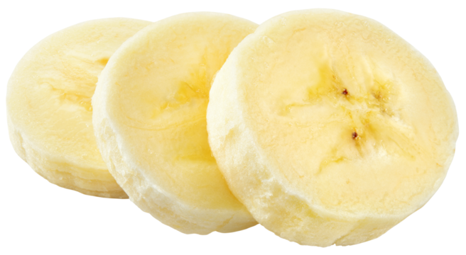 Banana slice isolated png. Sliced banana on white or transparent background. Cut banana no background. Round slices top view. Transparent png.