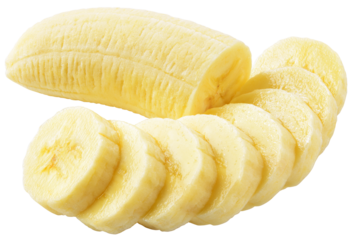 Banana slice isolated png. Sliced banana on white or transparent background. Cut banana half no background. Full depth of field. Transparent png.