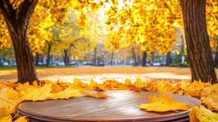 Golden Autumn Park Table with Fall Leaves, and Sunny Day.