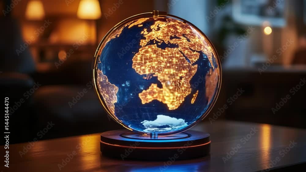Poster glowing globe representing fiber optic network system connecting continents, showcasing technology a