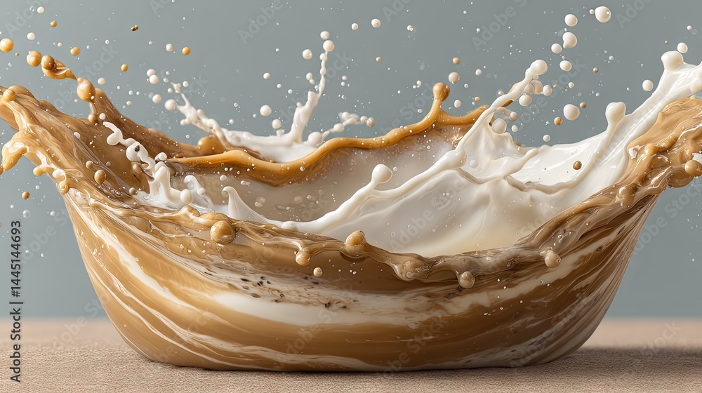Poster Coffee and milk splash in a bowl creating a dynamic and artistic image