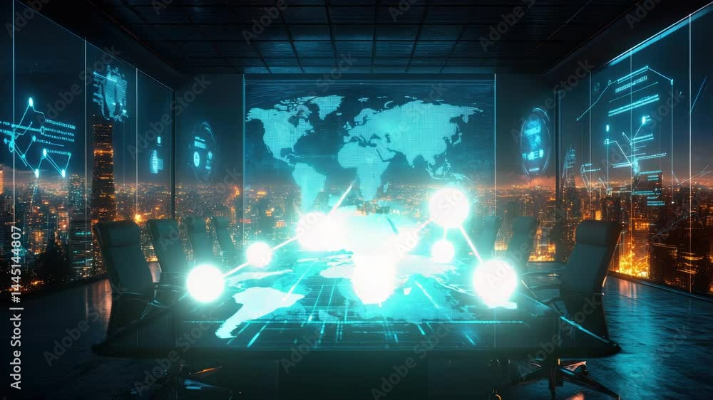Poster digital interface showcasing logistics networks and shipping routes across global continents with gl