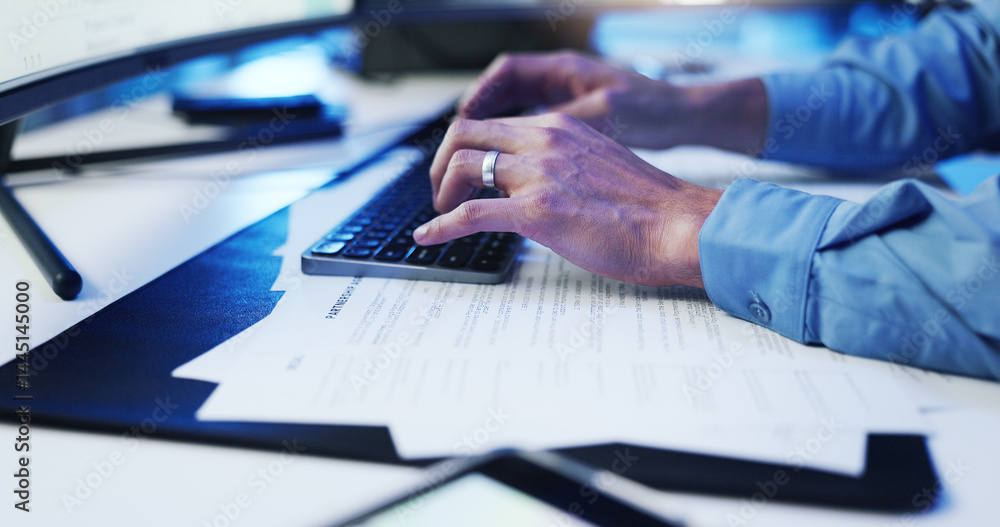Poster computer, search and hands of business person for contract, programming or website. planning, commun